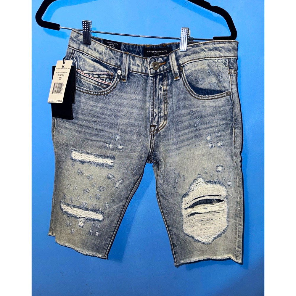 Cult of Individuality Rocker Blue Light Wash Distressed Denim Shorts Size 30